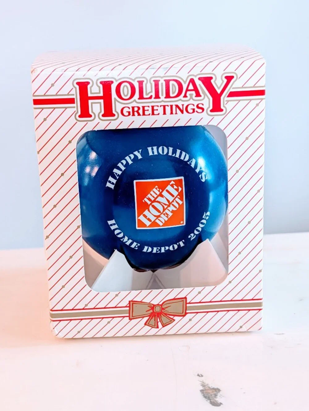 VTG 2005 Home Depot Blue Glass Ball Christmas Ornament Snowman USA Boxed Holiday